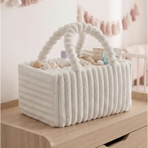 Flannel Baby Nappy Caddy Organiser, Soft Diaper Caddy Storage Basket with Gift Packaging, Cream Beige Nappy Caddy for Wipes,Cozy Diaper Caddy​, Gift for Baby Shower, Newborn Essentials