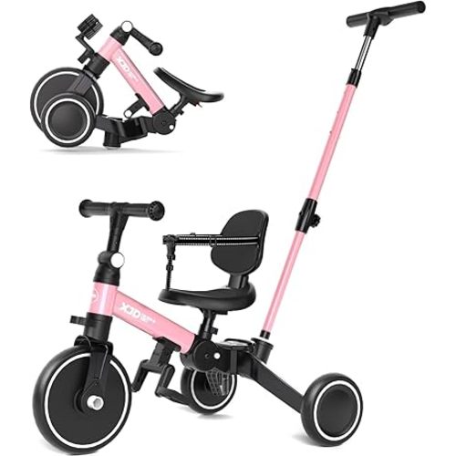 XJD Toddler Bike, 6 in 1 Folding Toddler Tricycle for 1-4 Year Old with Parental Control Handle, Balance Bike with Removable Pedal, Backrest, Adjustable Seat, First Birthday Gifts (Pink)