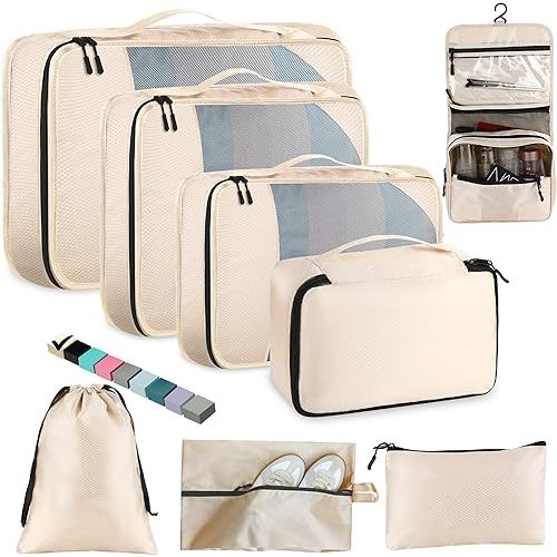 8 Set Packing Cubes for Travel Women Men Kids, Mesh Suitcase Organizer Bags Set for Luggage, 4 Sizes Extra Large, Large, Medium, Small, Travel Camping Essentials Accessories, Beige