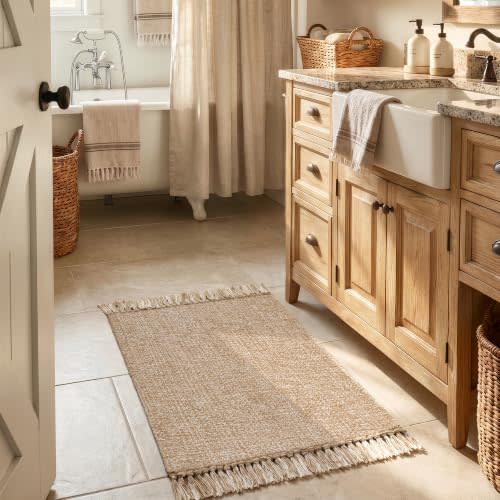 Collive Boho Small Bathroom Rug 2' x 3', Modern Farmhouse Rugs for Entryway | Hand-Woven Washable Kitchen Mat, Tan/Cream Low Profile Front Door Mat, Reversible Jute Porch Carpet for Laundry Bedroom