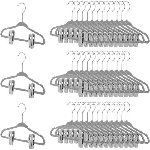Soaoo 50 Pack Premium Baby Velvet Hangers with Adjustable 100 Clips, Non Slip 11 Inch Slim Kids Closet Organizer for Pants, Dresses & Matching Outfits, Nursery & Toddler Wardrobe (Beige)