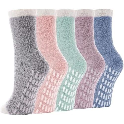 5 Pairs Fuzzy Socks with Grips for Women, Non Slip Cozy Fluffy Soft Socks, Winter Sleep Slipper Hospital