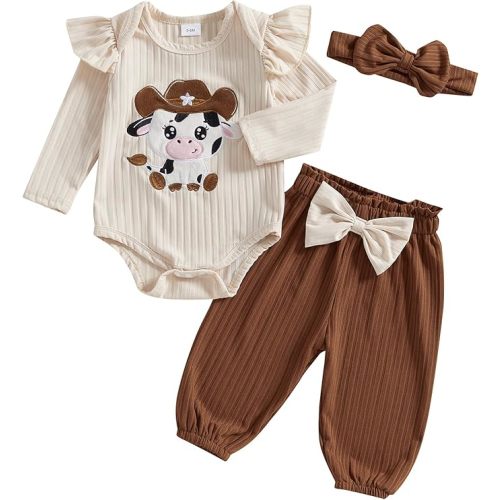 Newborn Infant Baby Girl Outfits Ruffle Bear Long Sleeve Romper Bodysuit Tops Pants Set Cute Fall Winter Clothes