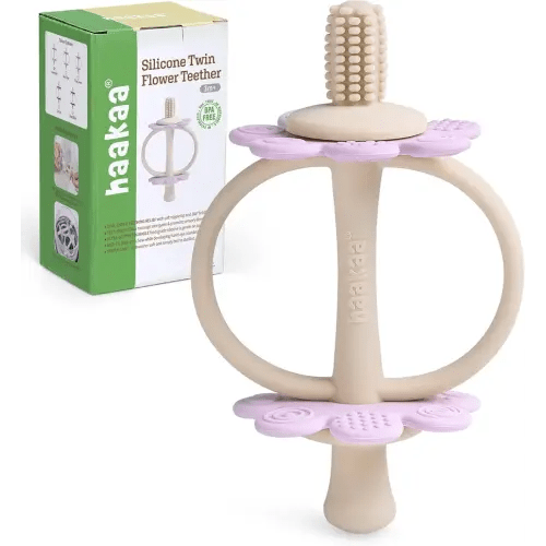 haakaa Silicone Twin Flower Teether,Nipple-Shaped End for Gum Massage,360° Baby Toothbrush Head for Self-Brushing Training,Easy to Grip - Lavender