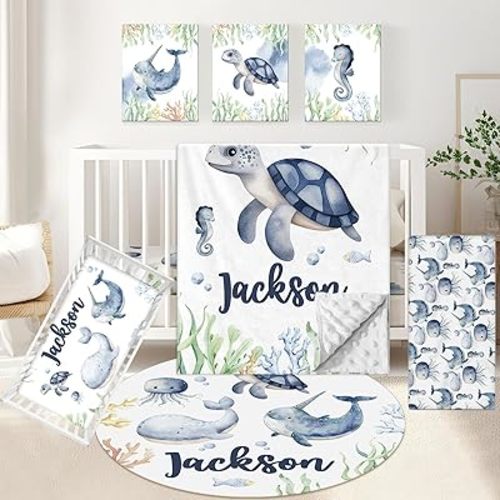 Personalized Baby Crib Bedding Set, 5 Pcs Custom Name Baby Bedding Set, Double Layer Nursery Bedding Set, Ocean Animal Baby Crib Set for Girls Boys, Gift for Toddler Infant Baby New Parents
