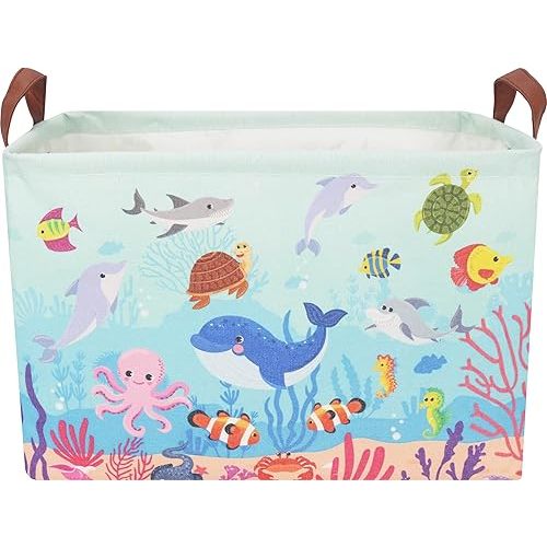 CLOCOR Rectangular Storage Basket Empty,Gift Basket,Waterproof Storage Bin with Handles,Room Decor(Under The Sea)