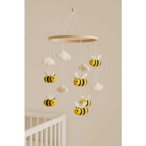Felt Bee and Cloud Baby Mobile | Handmade Scandinavian Nursery Decor | Natural Wool Crib Mobile | Gender Neutral Baby Shower Gift
