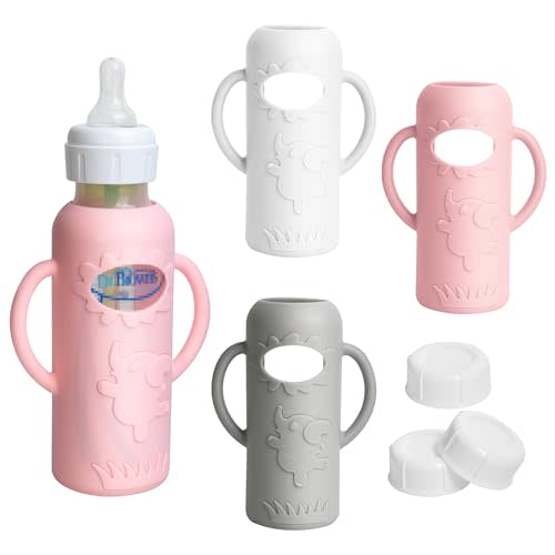 Joxodak 3 Pack Silicone Sleeves for Dr Brown Natural Glass Baby Bottles, Food Grade Anti Breakage Baby Bottle Holder with Handles and 3pcs Travel Bottle Caps (White+Pink+Grey, 8oz)