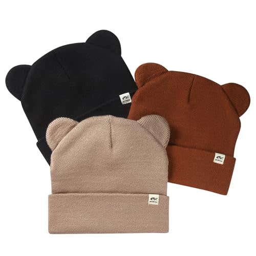 ECOSUMA 3 Pack Baby Beanie Hat Infant Winter Hat with Bear Ear for Girls Boys 0-3 Years