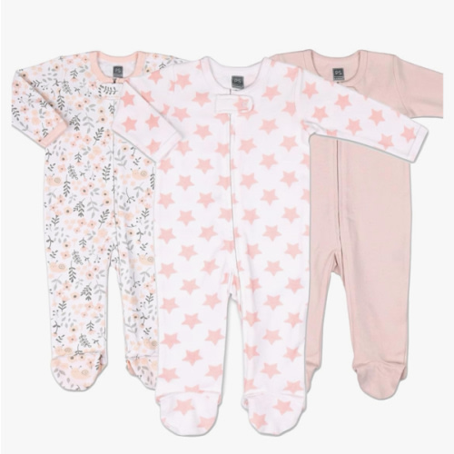 The Peanutshell Baby Sleepers for Girls Set of 3 - Soft Cotton Footed Pajamas for Newborns, Infants & Toddlers - Flower