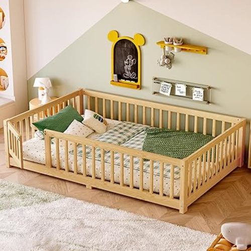 Bellemave Full Size Floor Bed with Rails for Kids, Girls, Boys, Pine,Plywood Floor Bed with slats and Door, Natural
