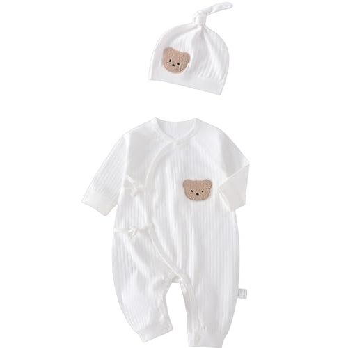 Ganwawo Baby Ribbed Romper and Hat Set with Bear Applique, 100% Cotton Infant Bodysuit, White, Long Sleeve