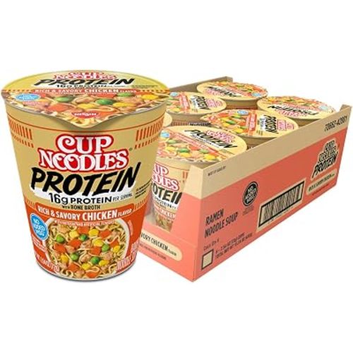 Nissin Cup Noodles Protein Ramen, Chicken Flavor with Bone Broth, 16g Protein, 2.54 Ounce Cup (Pack of 6)