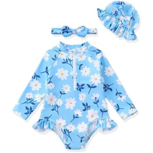 Baby Girl Swimsuit Summer One-Piece Infant Bathing Suit with Hat Long Sleeve Ruffle Zipper Rash Guard Beach Swimwear