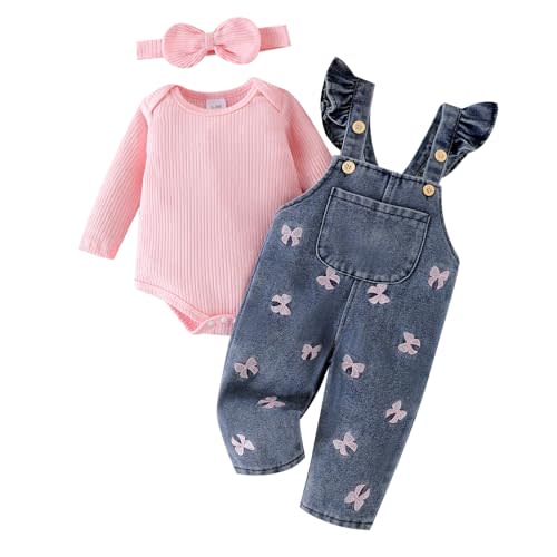 FOCICI Baby Girl Clothes Newborn Romper Infant Jeans Adjustable Suspender Overalls Cute Headband 3Pcs Outfits Set 0-18 Months