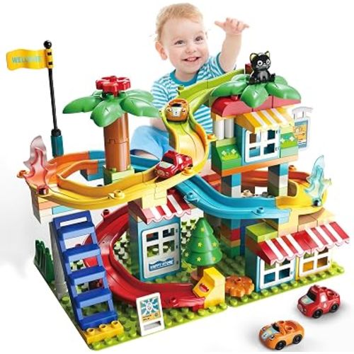 Marble Run Building Blocks,Classic Large Blocks Maze Track Sets with 4 Cars,STEM Toy Bricks Maze Puzzle Set Race Track Compatible with Major Brands for Age 3 4 5 6 7 8+ Boys Girls Gift