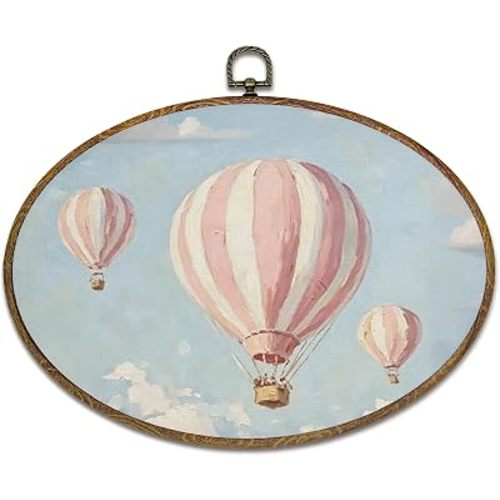 kdqua Pink Hot Air Balloon Nursery Oval Wall Art Decor, Girl Nursery Canvas Artwork Framed, Retro Pastel Sky Wall Hanging Decorations for Toddler Girls Room Bedroom Dorm Home, 11.4x8.6 Inch