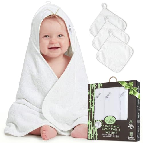 Bamboo Viscose 3 Hooded Baby Towels 30x30 in & 3 Washcloth Infant | Oeko-TEX Certified, Bath & Hooded Towels, 30x30 Inch Baby Wash Clothes, Baby Washcloth,10x10 Inch White, Unisex Design