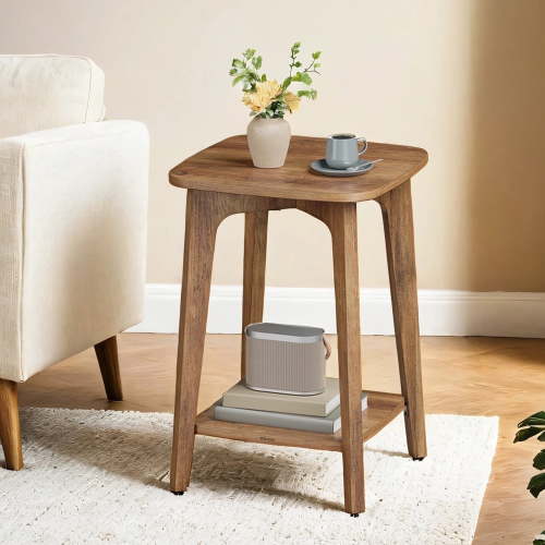 LEDREM Square Side Table with Lower Shelf, Space-Saving 2-Tier End Table, Nightstand, 15.7" Small Accent Table, Honey Brown
