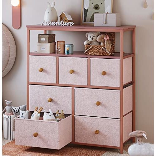 EnHomee Pink Dresser for Bedroom with 7 Drawers and 2 Shelves, Pink Dresser for Girls Bedroom with Wooden Top and Metal Frame, Dressers & Chest of Drawers for Bedroom, Closets, Nursery, Pink