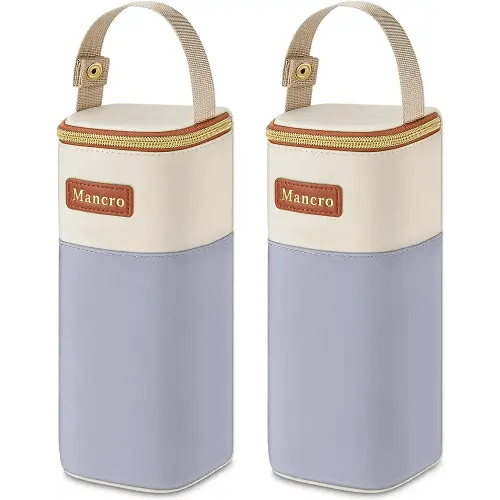 Mancro 2pack Insulated Baby Bottle Bags, Fits Baby Bottles up to 12 Oz Breastmilk Cooler Bag with Button Handle, Portable Baby Bottle Cooler Bag for Nursing Mom Daycare, Beige