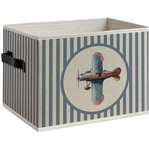 Vintage Airplane Nursery Foldable Storage Bins Box with Handles, Kids Room Decor for Boys, Blue Striped Plane Collapsible Organizer Basket for Kids Nursery Room Bedroom Playroom Toys Books