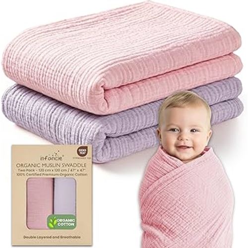 100% Organic Cotton Muslin Baby Blanket - 47 x 47 Inch Breathable Baby Swaddle Blanket, Hypoallergenic Double-Layer, Soft Newborn Baby Blanket for Everyday Use (Light Pink/Light Purple)