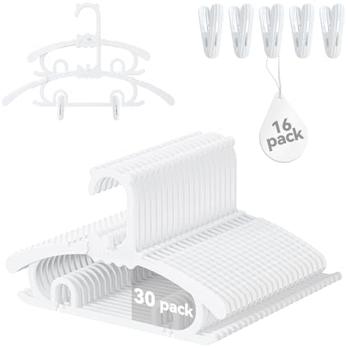 30 Pack Baby Hangers,with 16 Detachable Clips Adjustable 11.14"-15.55", Stackable Kids Closet Hangers, Two Bottom Grooves for Secure Clip Placement.Fits Newborns,Toddlers, Children & Teens(White)