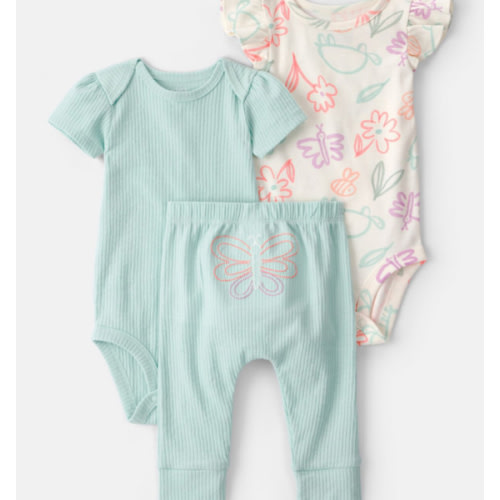 Baby Girl 3-Piece Butterfly Bodysuits & Pant Set - Blue/Ivory | Carter's
