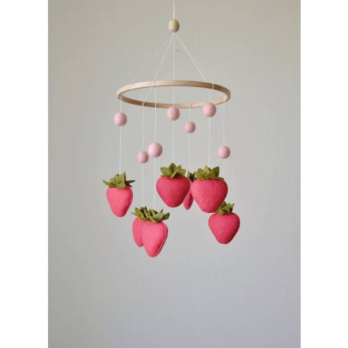 Felt Strawberry Baby Crib Mobile, Fruit Baby Mobile, Strawberry Nursery Decor, Hanging Mobile, Baby Girl Nursery Mobile, Summer Mobile