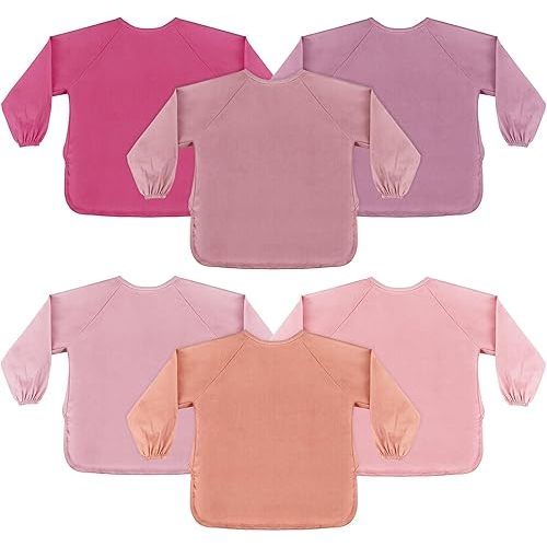 Jeyiour 6 Pack Long Sleeve Baby Bibs Mess Proof Bib Washable Feeding Bib Waterproof Smock Bib for Infant Toddler 6-24 Months