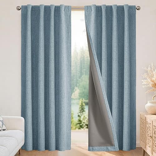 Joydeco Blackout Curtains for Bedroom - 90 Inch Long 100% Light Blocking 2 Panels Sky Blue Drapes, Thermal Insulated Room Darkening Curtains, Linen Textured for Living Room, Rod Pocket & Back Tabs