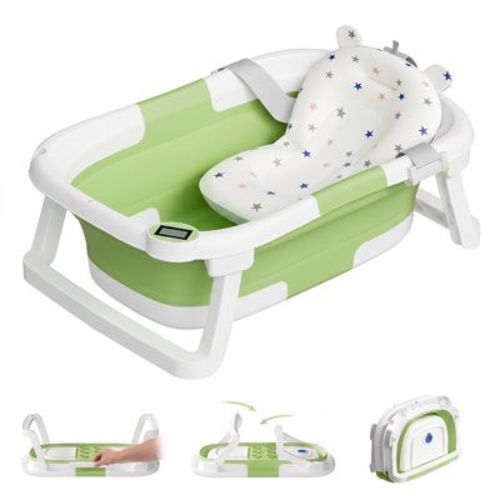 TUMAJUP Collapsible Baby Bathtub for Infants and Toddlers with Bath Net and Thermometer-Green