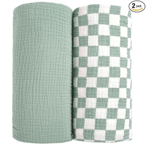 lulumoon Muslin Swaddle Blankets for Baby: Soft Cotton Newborn Receiving Blankets - Plaid Print Nursery Gift Set for Baby Girls(SagePlaid)