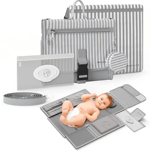 Portable Diaper Changing Pad - Large, Waterproof Travel Changing Pad for Baby with Extra Storage, Wipes Pocket & Pacifier Case - Portable Diaper Changing Station - Gray Striped
