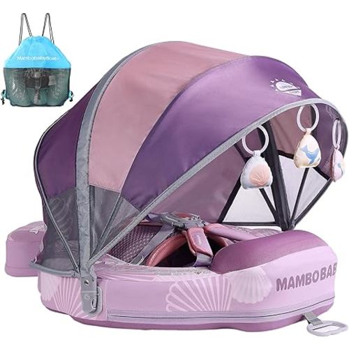 Mambobaby Float Add Tail Baby Swim Float with Canopy Solid Pool Infant Swim Trainer Swimming Training Lying Air Free Water Floats Non-Inflatable Waist Swim Ring for Toddlers (Shell - Purple)