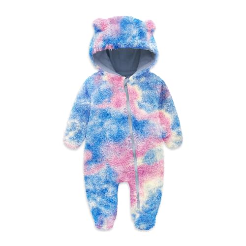 Jimonda Baby Tie Dye Snowsuit Winter Fleece Jumpsuit 0-18 Months, 100% Polyester Hooded Romper with Bear Ears for Infant