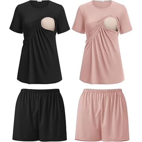 Ekouaer 2 Pack Women's Nursing Pajamas Set Double Layer Maternity Pjs Postpartum Loungewear Set Breastfeeding Tops & Shorts