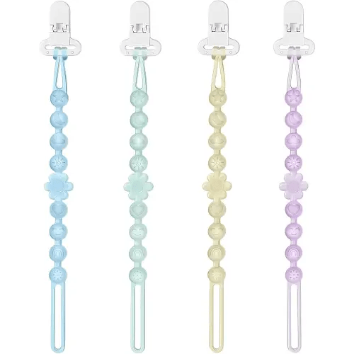 Silicone Pacifier Clip Holder with One-Piece Beads, 4 Packs Soft Flexible and Rust-Free Binky Pacifiers Clips for Teething Relief Baby Essentials Accessories, Safe for Boy and Girl