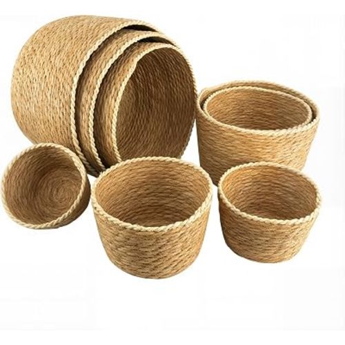 8-Piece Woven Storage Baskets, Natural Rush Nesting Bins for Organizing, Round Decorative Boho Baskets for Shelves, Bathroom, Nursery, Toy Storage and Plant Pot Covers