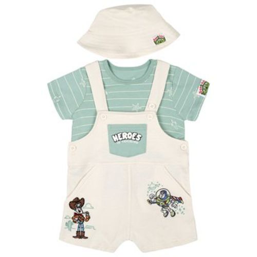 Disney Toy Story Baby Boys' Printed Snap Closure Top and Embroidered French Terry Overalls Outfit with Sun Hat Woody Buzz Sage 6-9 Months