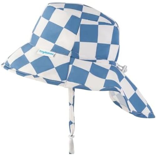 Tiny Twinkle Sun Protection Baby Flap Hat with UPF 50+ Sun Protection for Baby and Toddler Boys and Girls(Blue Checkers,0-6 Months)