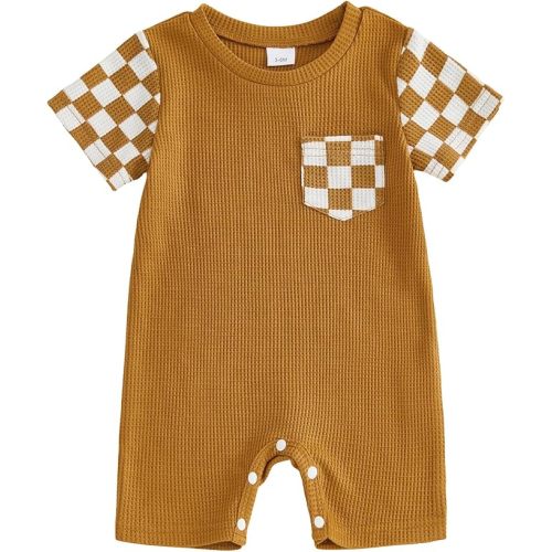 Newborn Baby Boy Summer Outfit Romper Short Sleeve Plaid Print Patchwork Jumpsuits Cute Infant Waffle Clothes