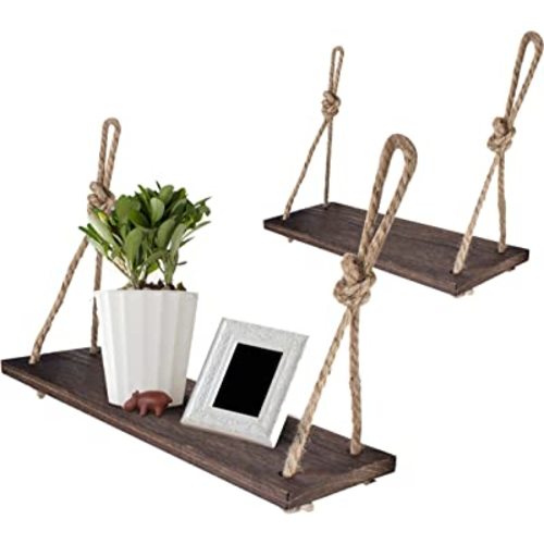 Rope Hanging Floating Shelves, Rustic Wood Wall Decor Swing Shelf with 4 Hooks, Pack of 2