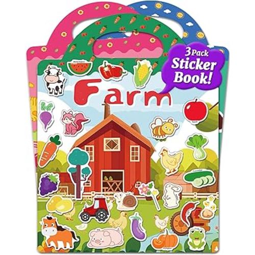 Benresive Jelly Reusable Sticker Books for Kids 2-4, 3 Sets Sticker Books for Toddlers 1-3, Toddler Sticker Book Age 2-4, Toddler Travel Toys Acticities Crafts Gifts - Farm, Animal and Season