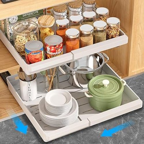 2 Pack Pull Out Cabinet Organizers Expandable, Slide Out Drawers for Kitchen, Bathroom, Pantry, Under Sink Storage, Pull Out Drawers Fixed with Adhesive Nano Film (White, 11.6''-17.5'')