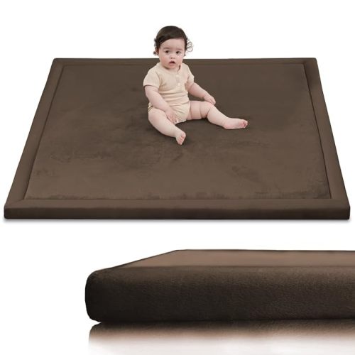 Huloo Sleep Baby Play Mat for Floor,1.3" Thick Memory Foam Tummy Time Mat,Soft Coral Velvet Nursery Rug,Extra Large Non Slip Crawling Mats for Living Room（Dark Brown