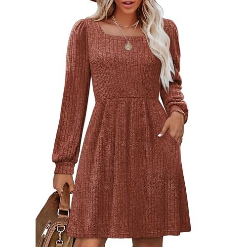 OFEEFAN Womens Knit Sweater Dress with Pockets Square Neck Long Sleeve Dresses