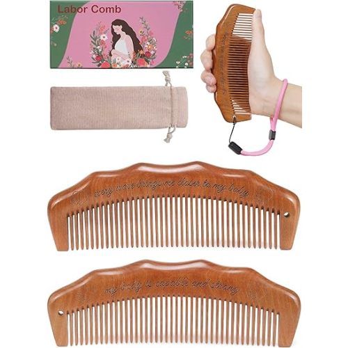 2 Pack Labor Comb, Fine Tooth Birth Comb for Labor Pain with Wrist Adjustable Strip for Expecting Moms - Peach Wood