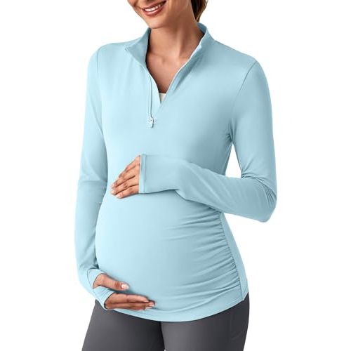 G4Free Lightweight Maternity Long Sleeve Workout Tops UPF 50+ Rash Guard Half Zip Sun Shirts Ruches Pregnancy Pullover